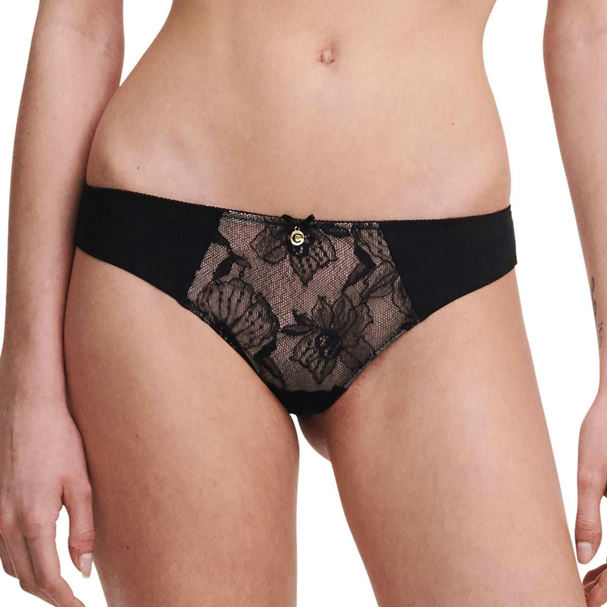 Black lace Chantelle Orchids thong panty with gold-colour finishes