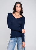 Osalito Wool Silk Rib Long Sleeve V-Neck Top