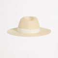 Beige straw hat with a white band on a light beige background