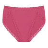 Pink women's underwear with lace details on a white background