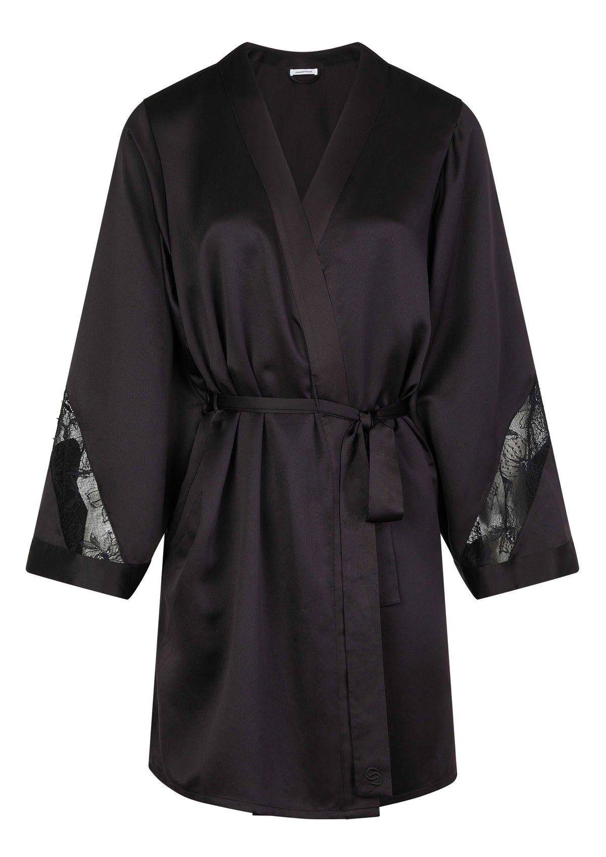 Flat lay of Mid-thigh black Satin Chantelle Orchids robe with leavers lace