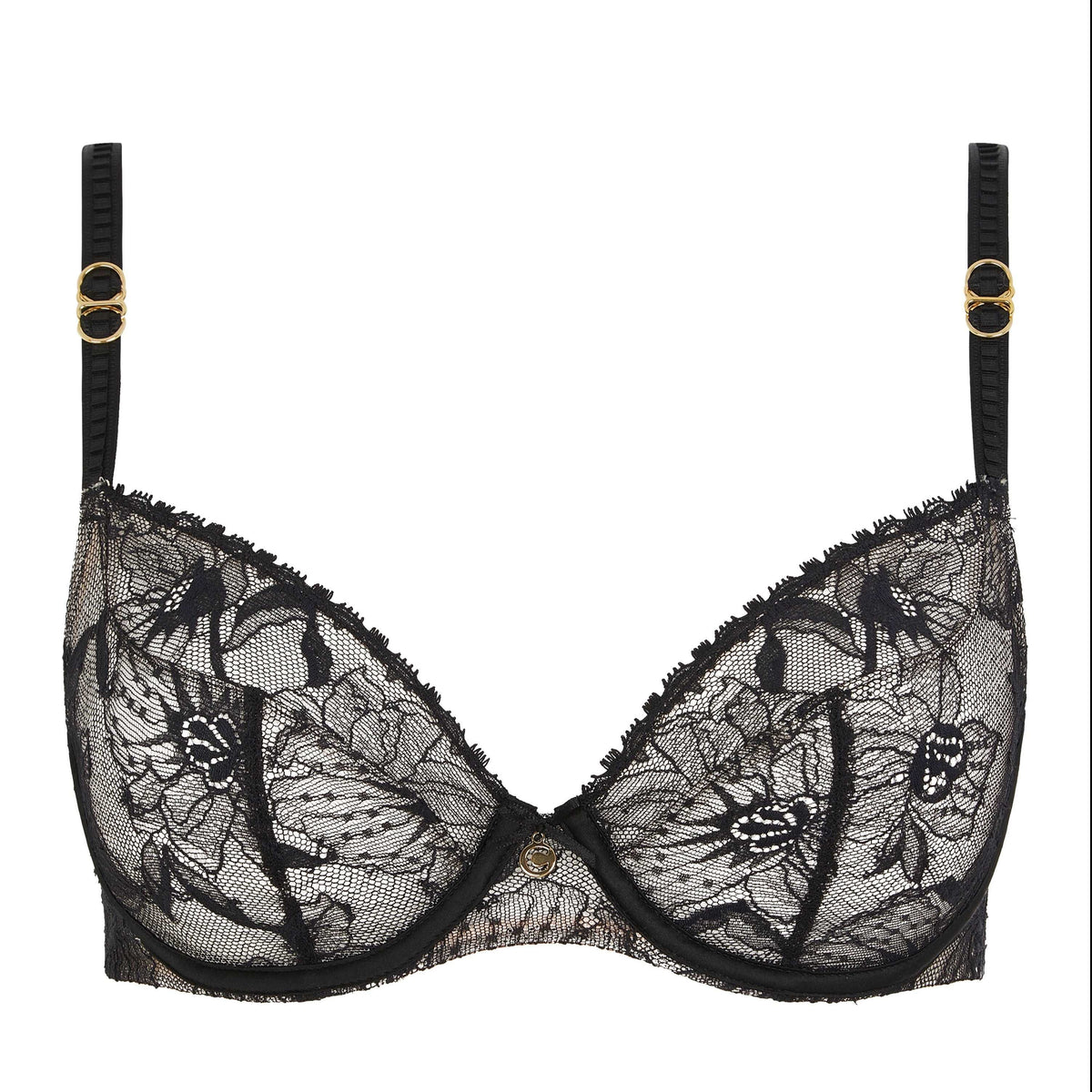 Black lace Chantelle Orchids plunge bra with gold-colour finishes