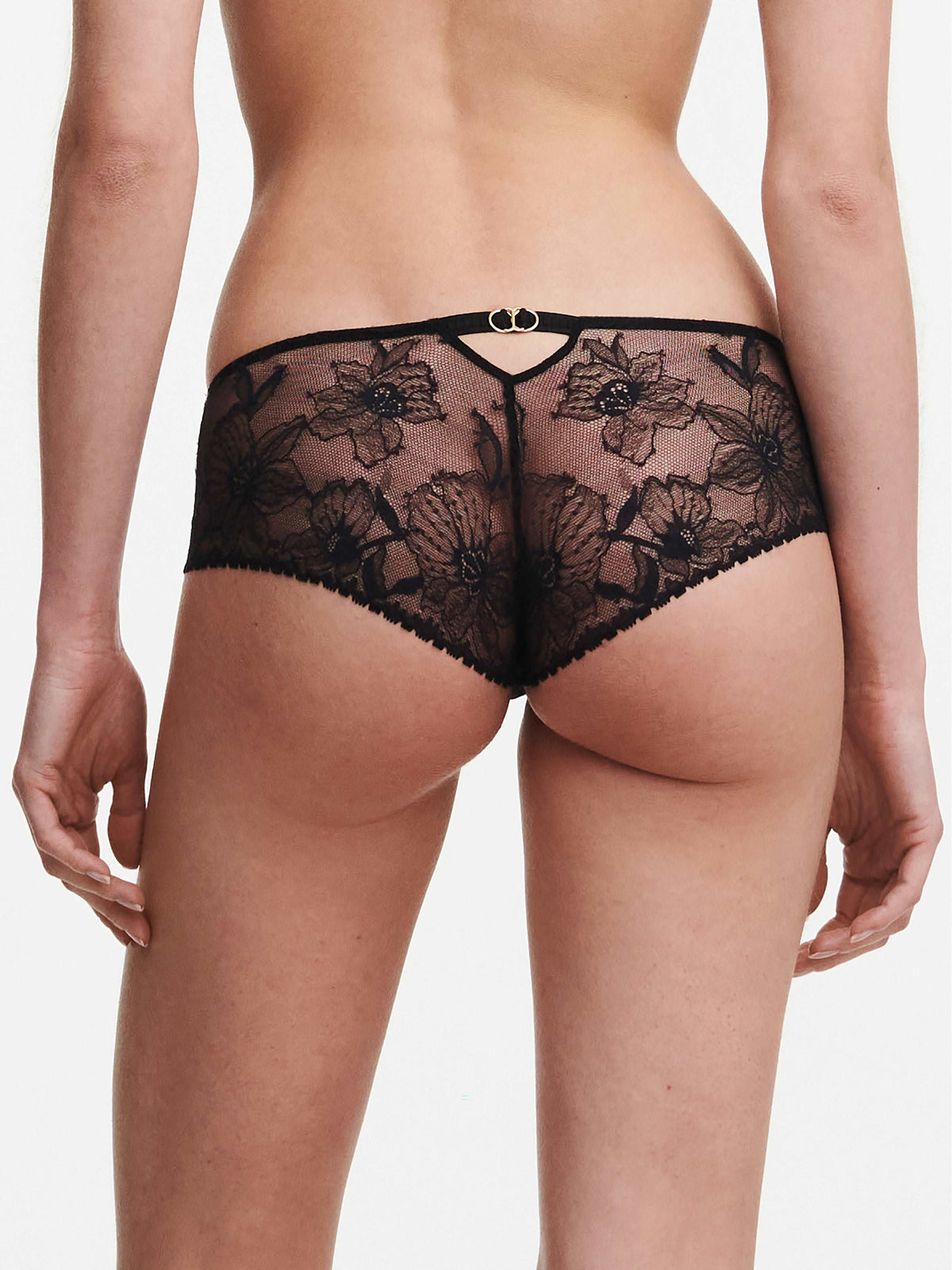 Black lace Chantelle Orchids hipster panty with gold-colour finishes