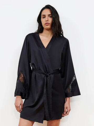 Mid-thigh black Satin Chantelle Orchids robe with leavers lace