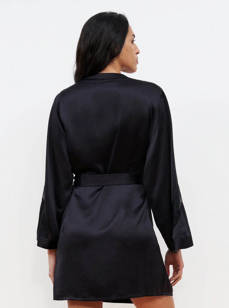 Back of Mid-thigh black Satin Chantelle Orchids robe with leavers lace