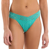 Teal lace bikini bottom on a white background