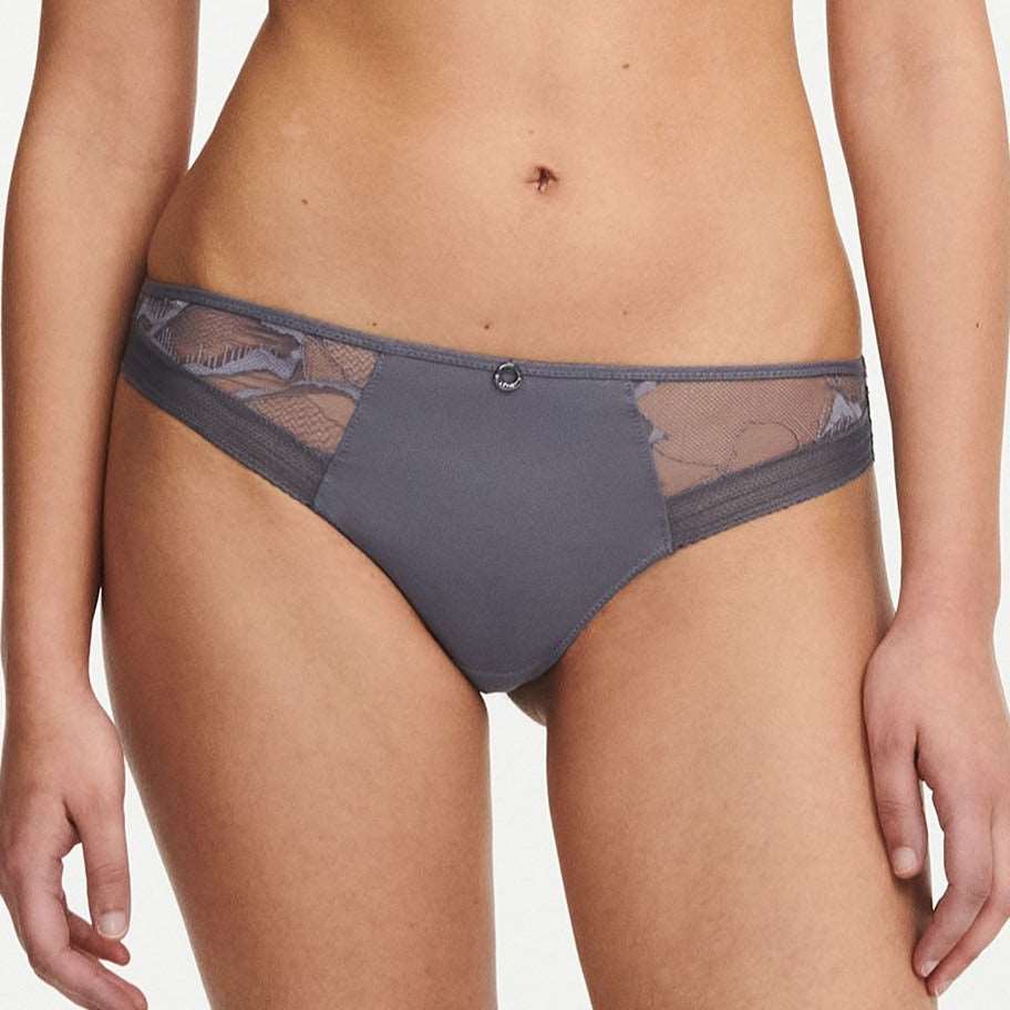 Front of Chantelle True Lace thong in Slate Grey