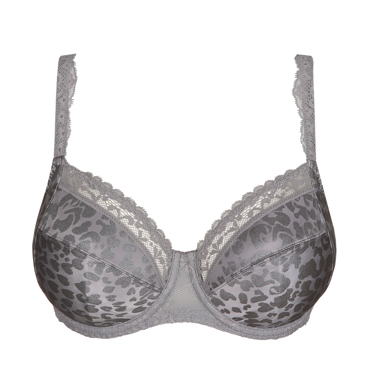 Front view of Prima Donna Cobble Hill Grey bra with animal print on the cups and smooth lace on sides