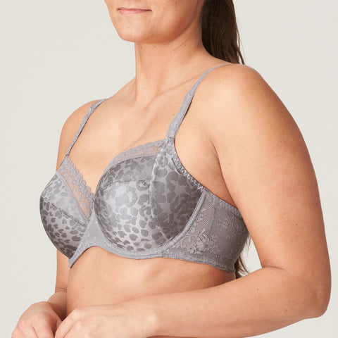 Side view of Prima Donna Cobble Hill Grey bra with animal print on the cups and smooth lace on sides