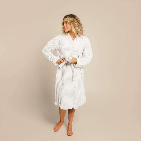 Woman wearing Happy Place Weightless Waffle Robe in White