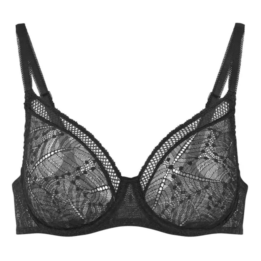 Black lace bra on a white background