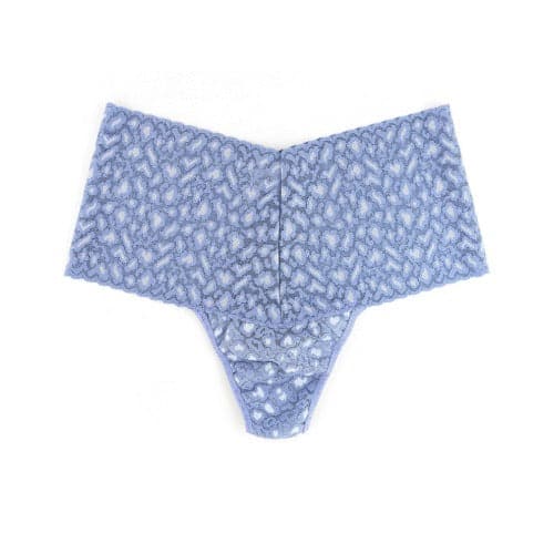 Front of Hanky Panky Cross Dyed Leopard Retro Thong Flay Lay in Blue